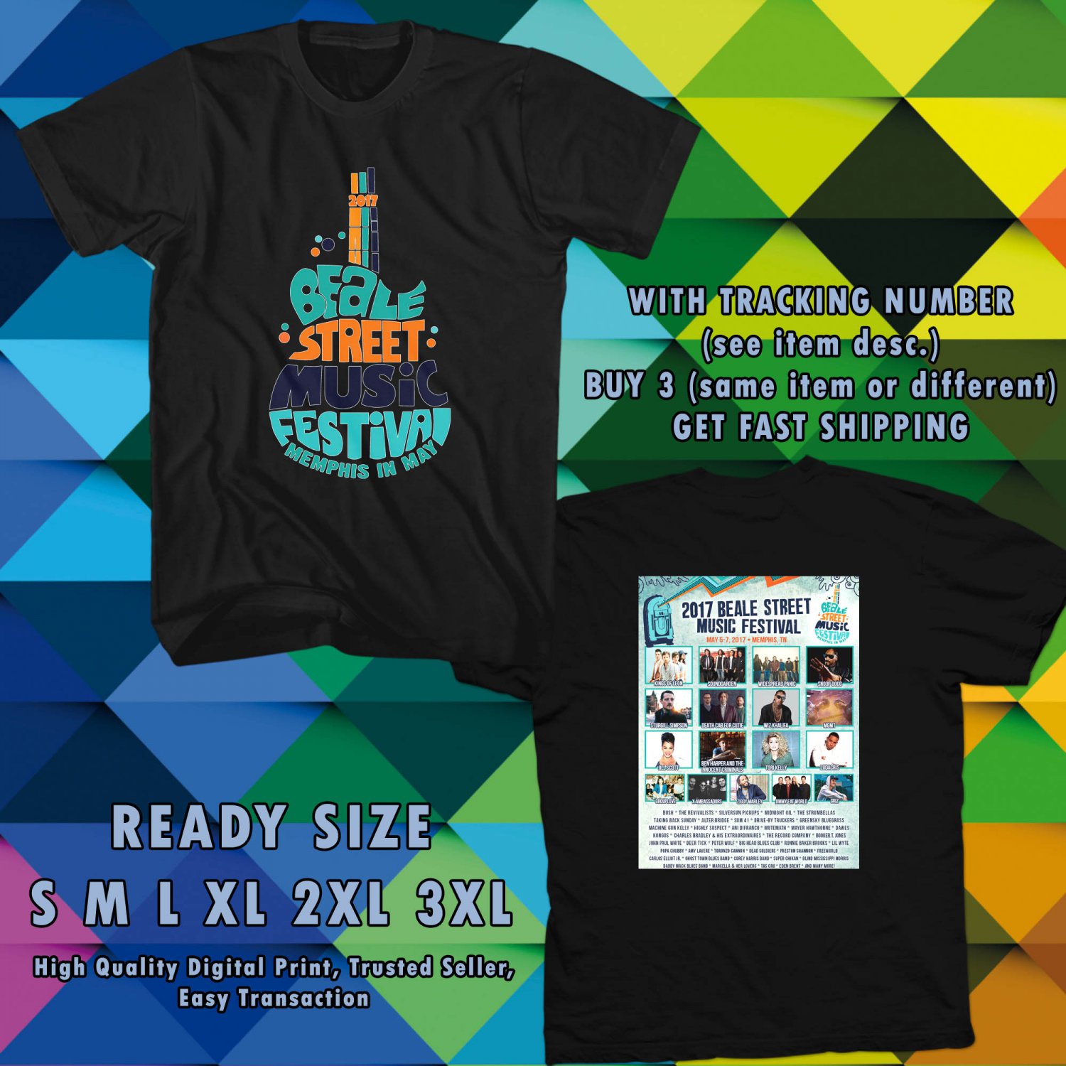 NEW BEALE MUSIC FEST MAY 2017 BLACK TEE 2 SIDE DMTR 909