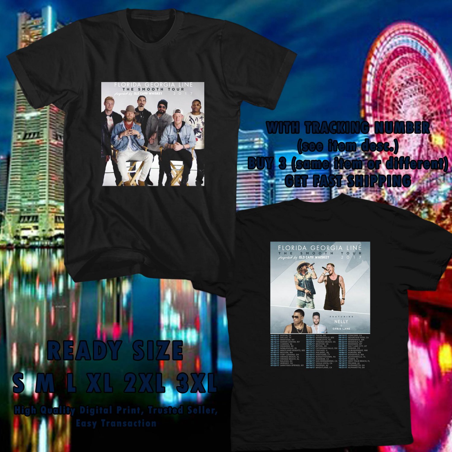 NEW FLORIDA GEORGIA LINE THE SMOOTH TOUR 2017 BLACK TEE W DATES DMTR