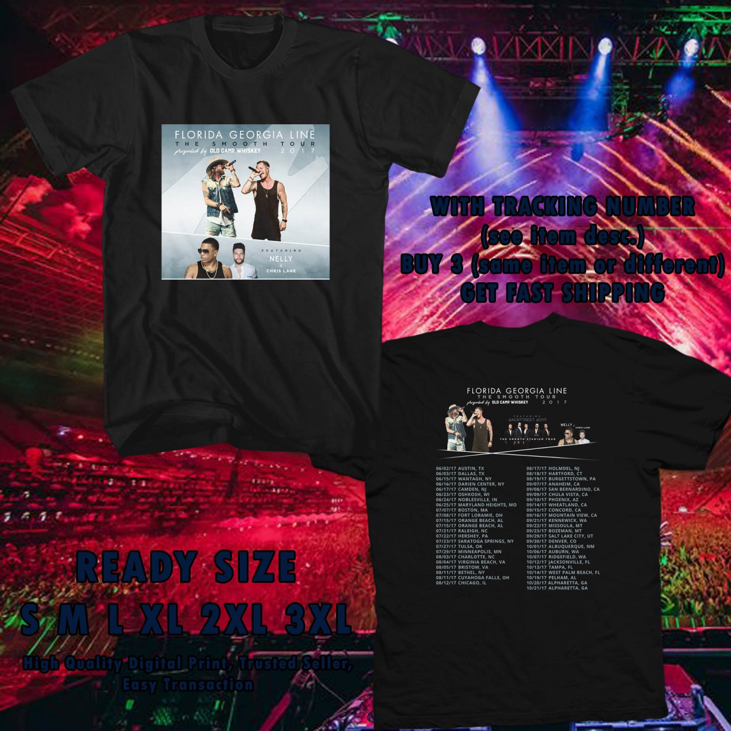 NEW FLORIDA GEORGIA LINE THE SMOOTH TOUR 2017 BLACK TEE W DATES DMTR 778
