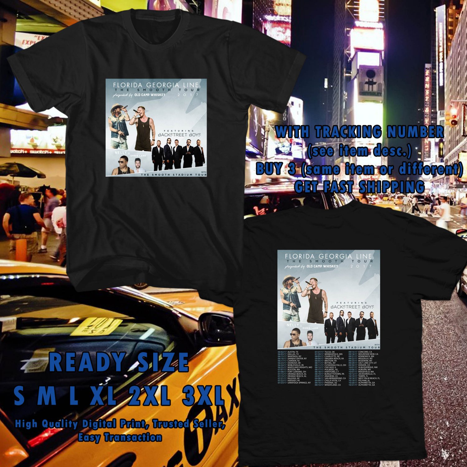 NEW FLORIDA GEORGIA LINE THE SMOOTH TOUR 2017 BLACK TEE W DATES DMTR 908