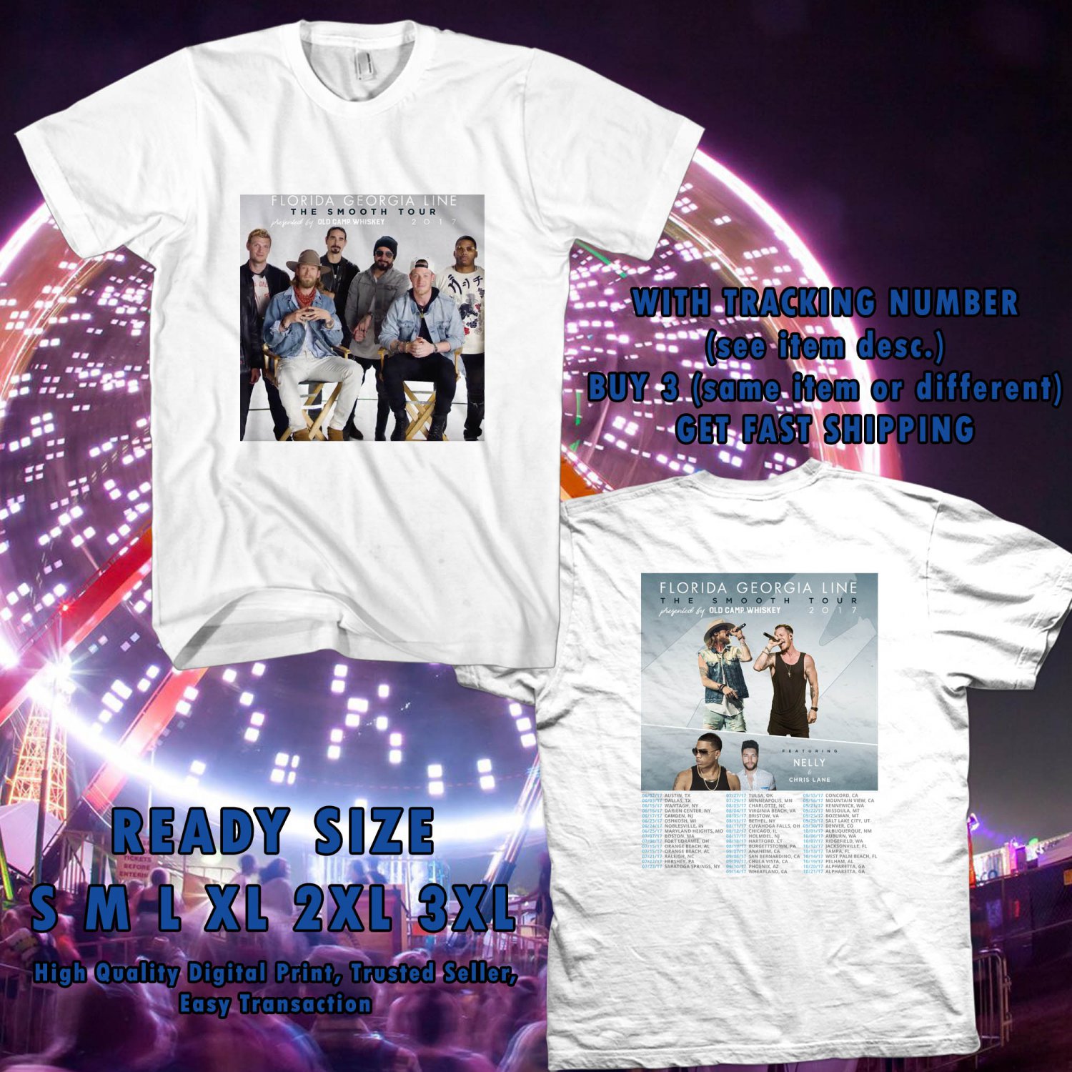 NEW FLORIDA GEORGIA LINE THE SMOOTH TOUR 2017 WHITE TEE W DATES DMTR