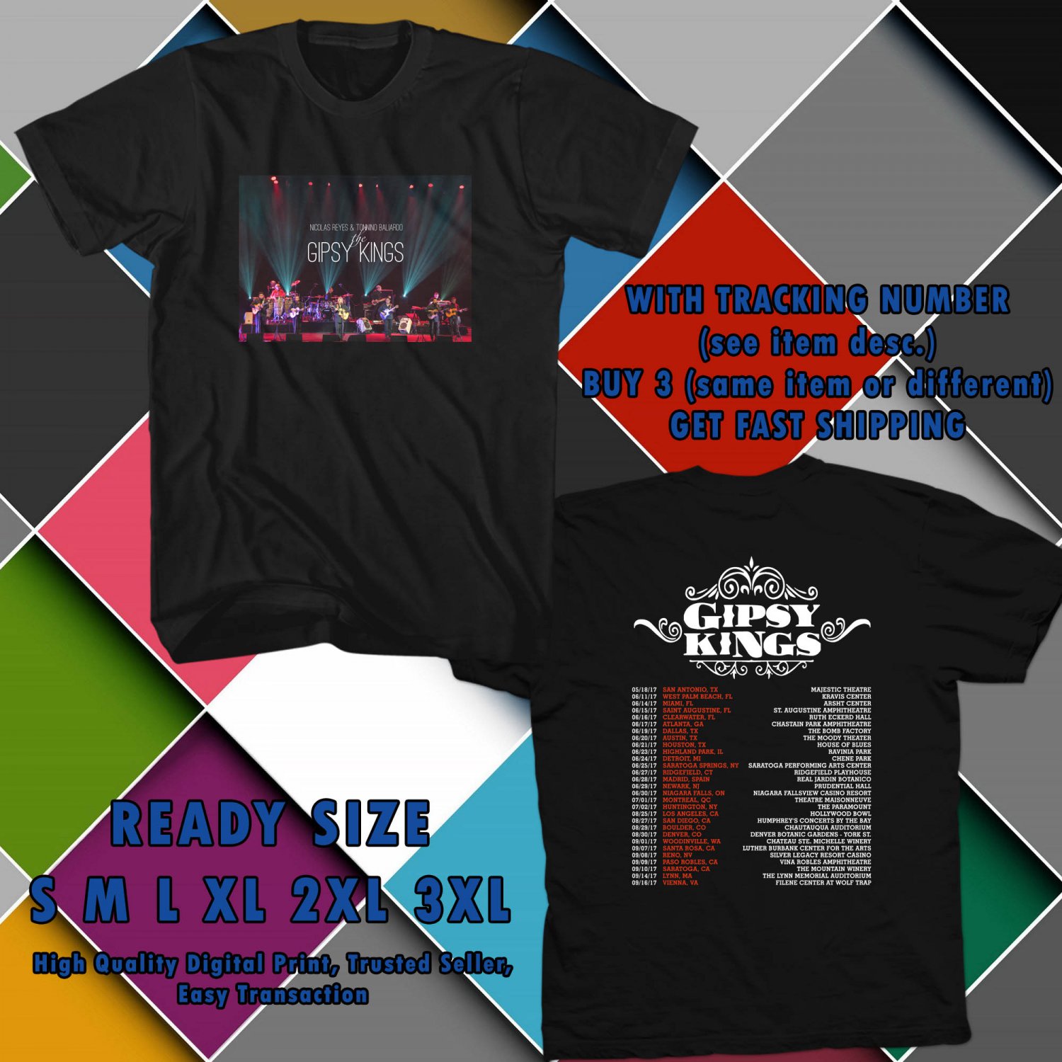 NEW GIPSY KINGS TOUR 2017 BLACK TEE W DATES DMTR