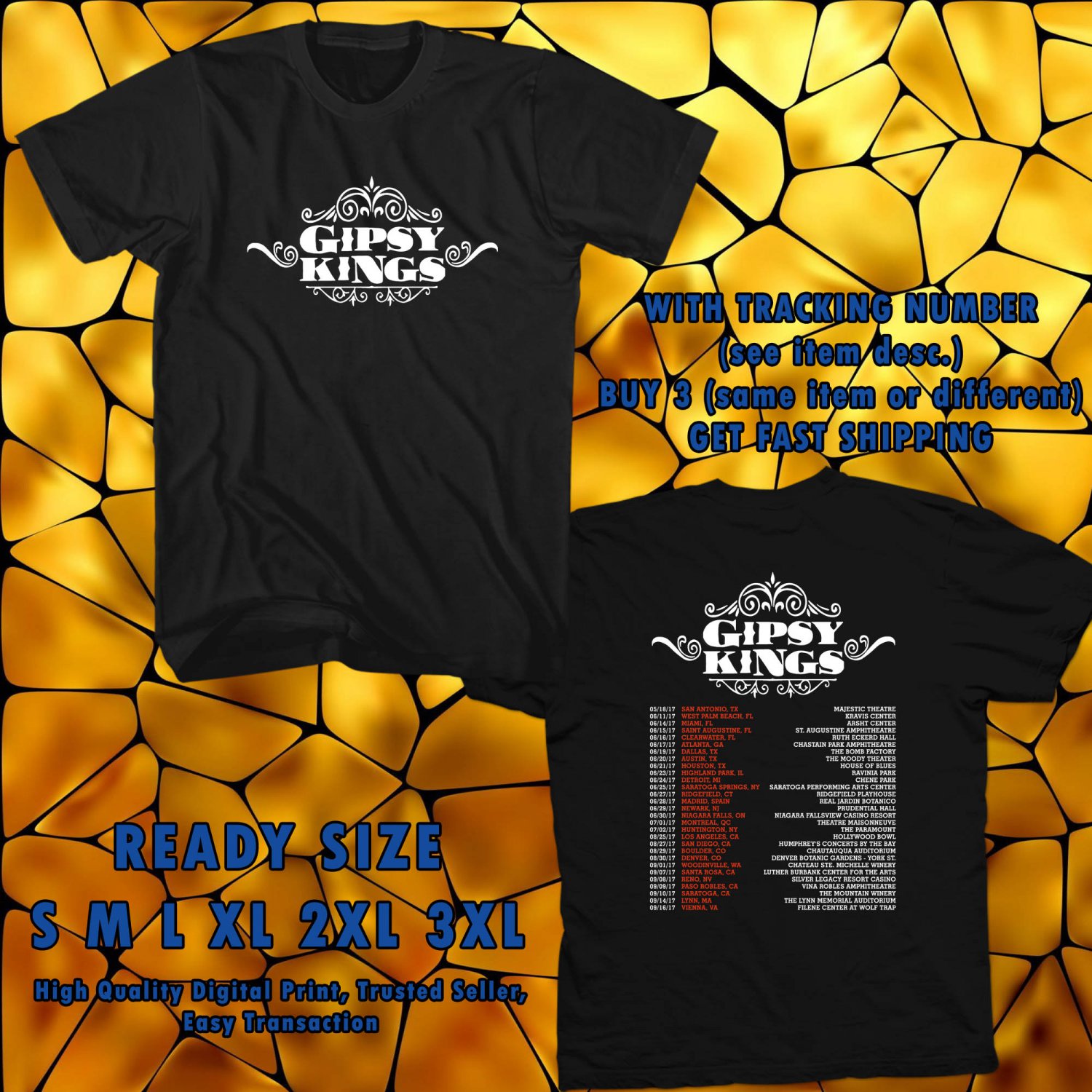 NEW GIPSY KINGS TOUR 2017 BLACK TEE W DATES DMTR 599