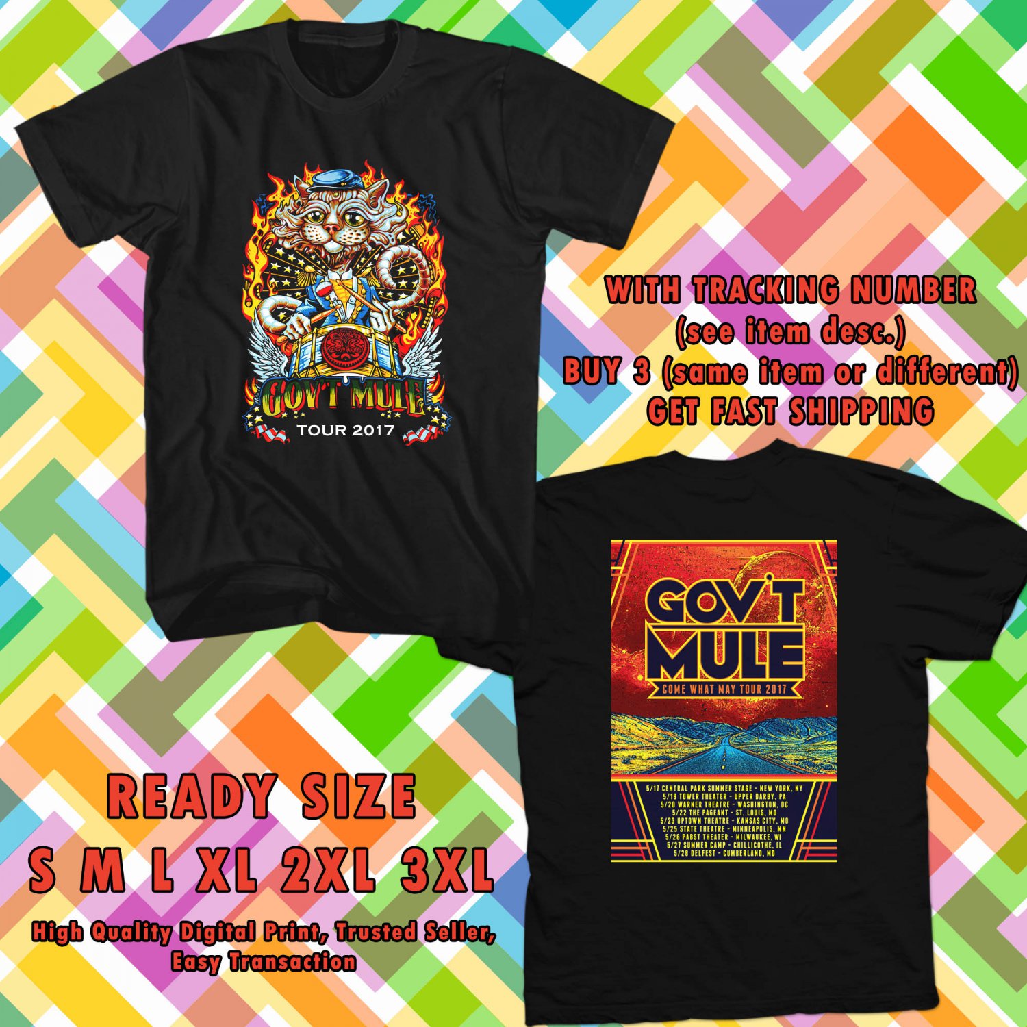 NEW GOVT MULE COME WHAT MAY TOUR 2017 BLACK TEE W DATES DMTR 554