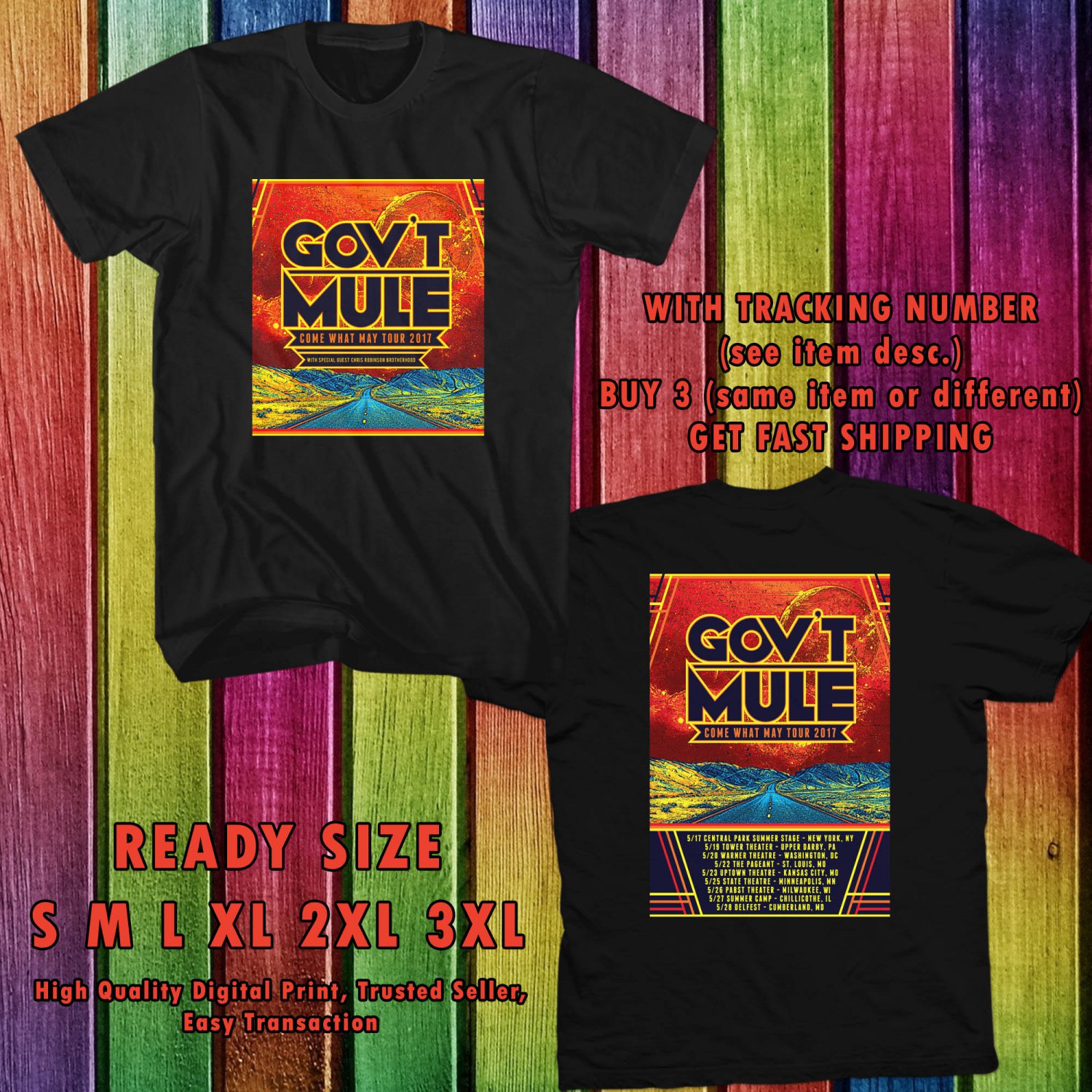 NEW GOVT MULE COME WHAT MAY TOUR 2017 BLACK TEE W DATES DMTR