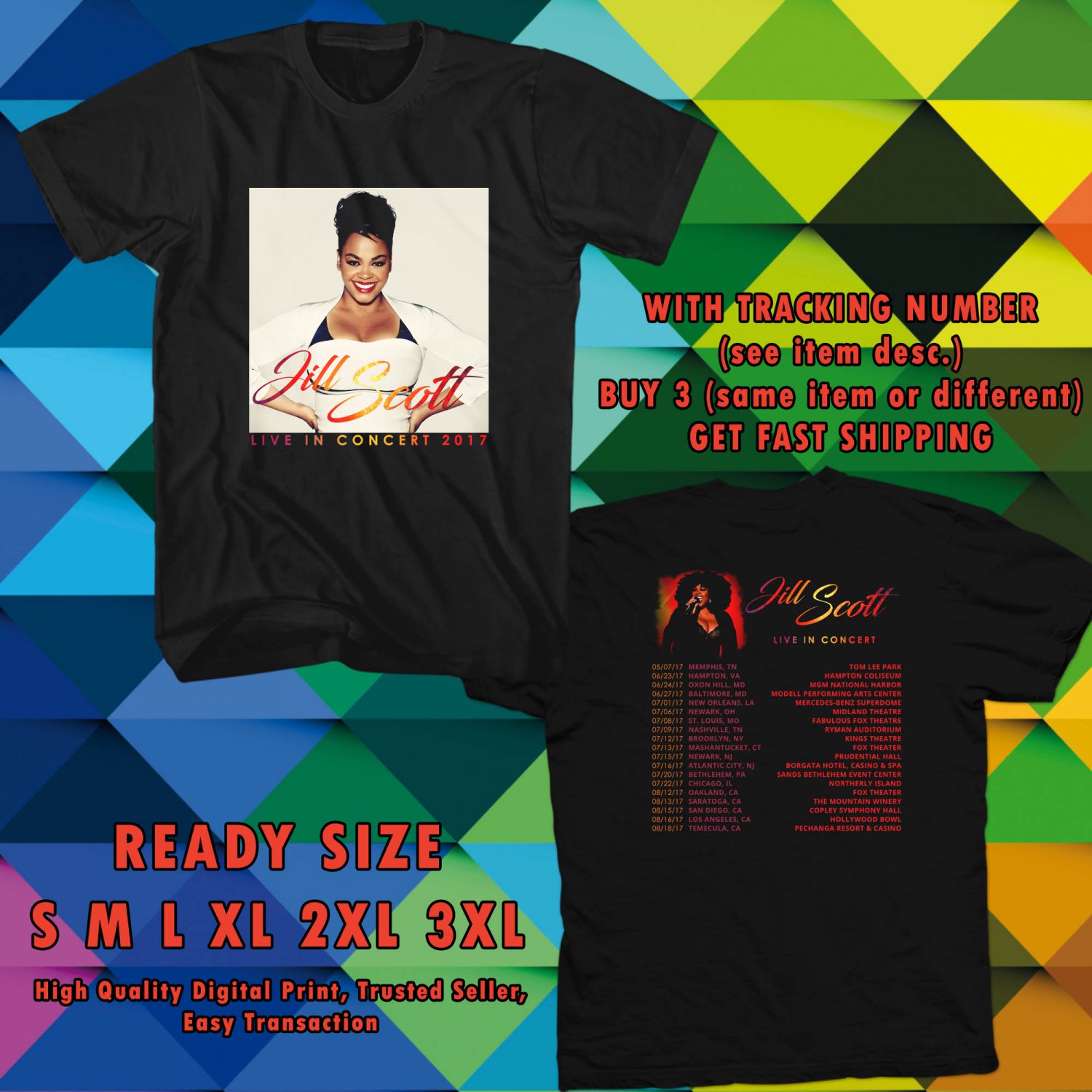 NEW JILL SCOTT LIVE IN CONCERT TOUR 2017 BLACK TEE W DATES DMTR