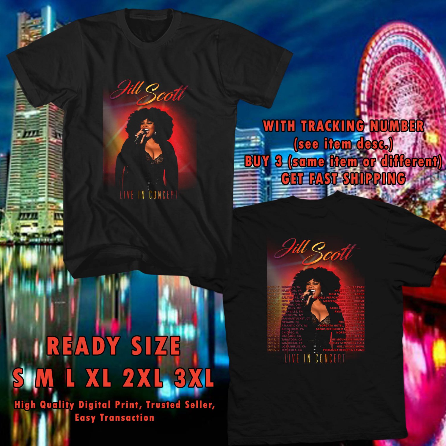 NEW JILL SCOTT LIVE IN CONCERT TOUR 2017 BLACK TEE W DATES DMTR 998