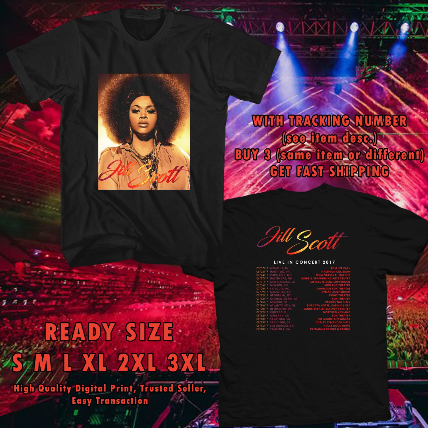 NEW JILL SCOTT LIVE IN CONCERT TOUR 2017 BLACK TEE W DATES DMTR 376