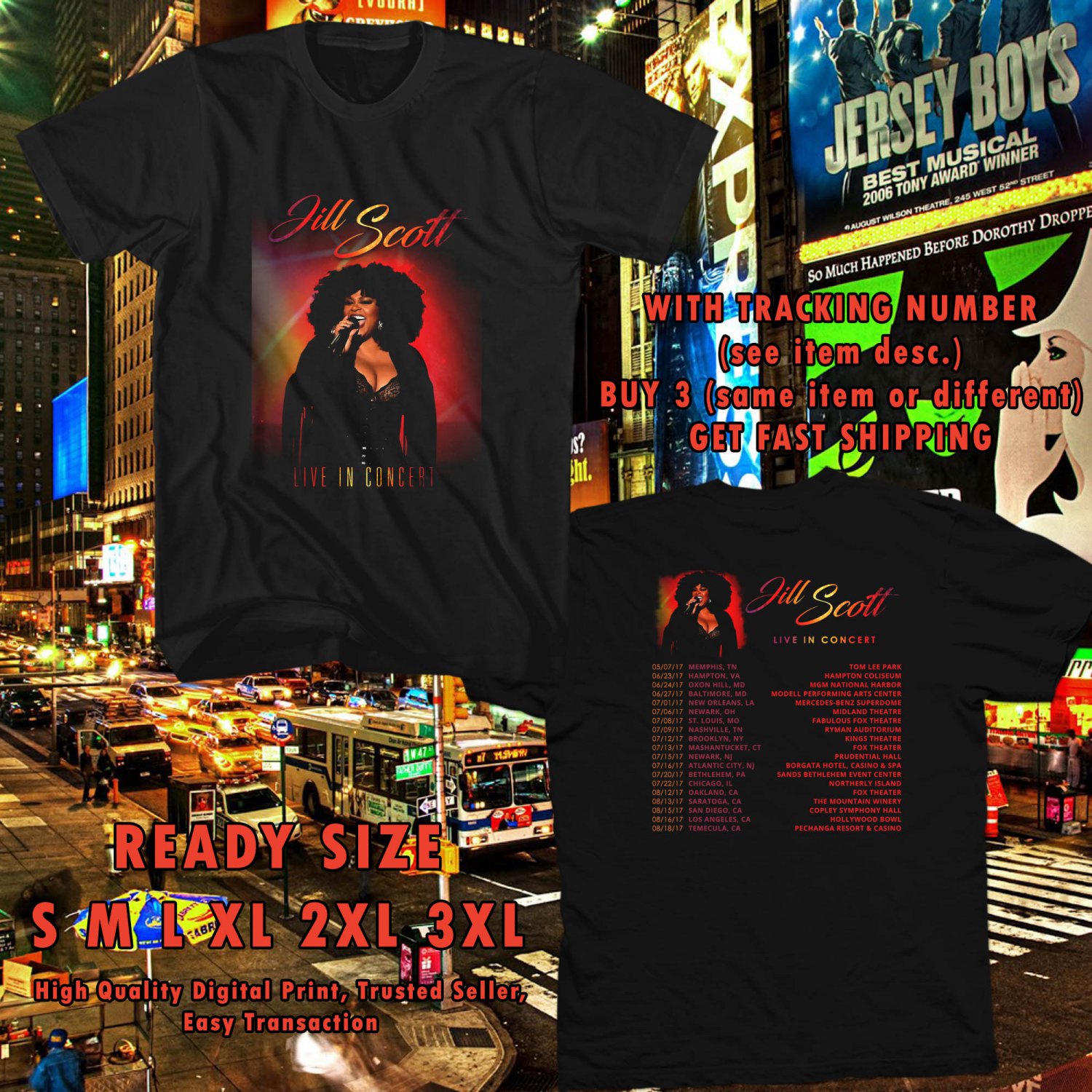 NEW JILL SCOTT LIVE IN CONCERT TOUR 2017 BLACK TEE W DATES DMTR 776