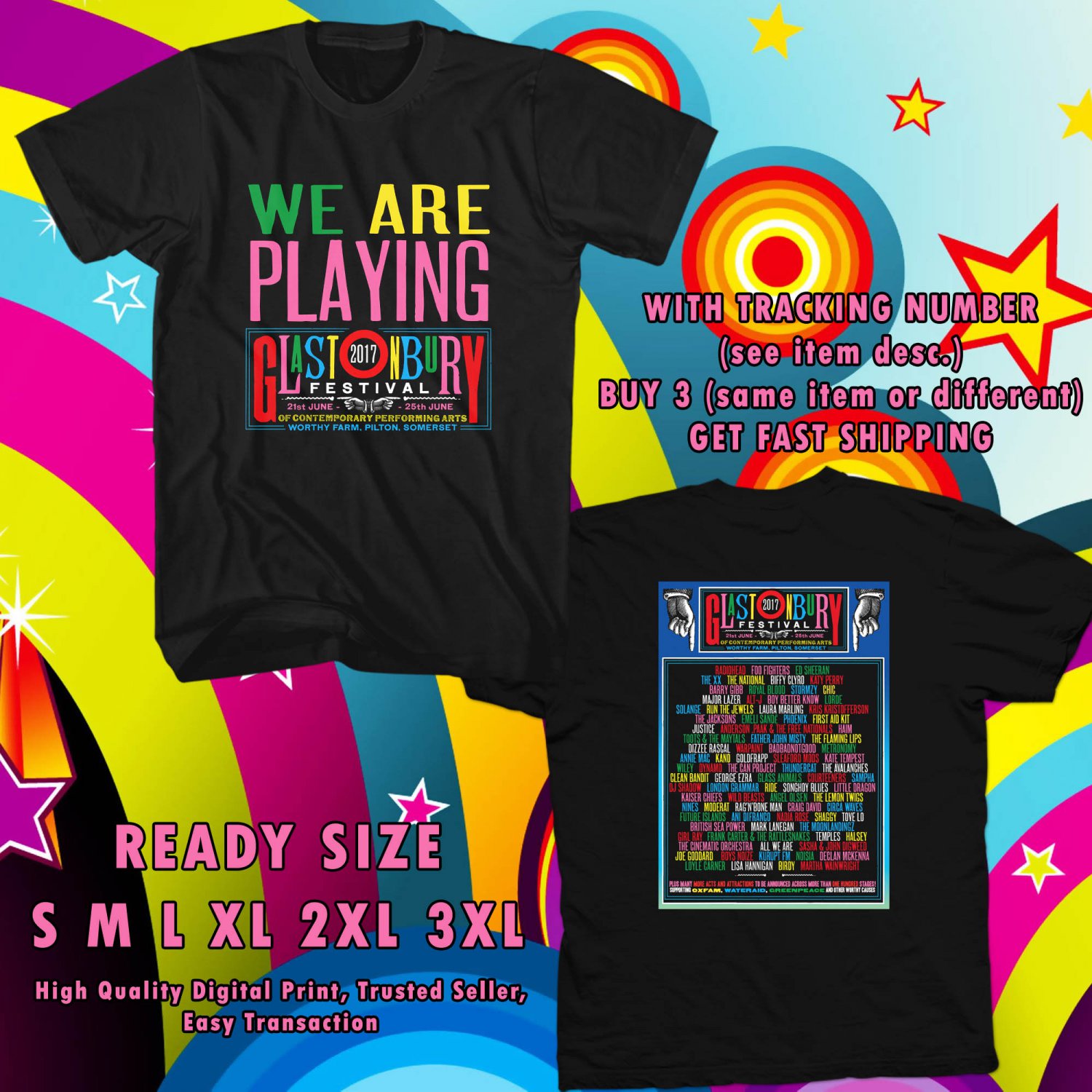 NEW GLASTONBURY FEST 2017 black TEE 2 SIDE DMTR