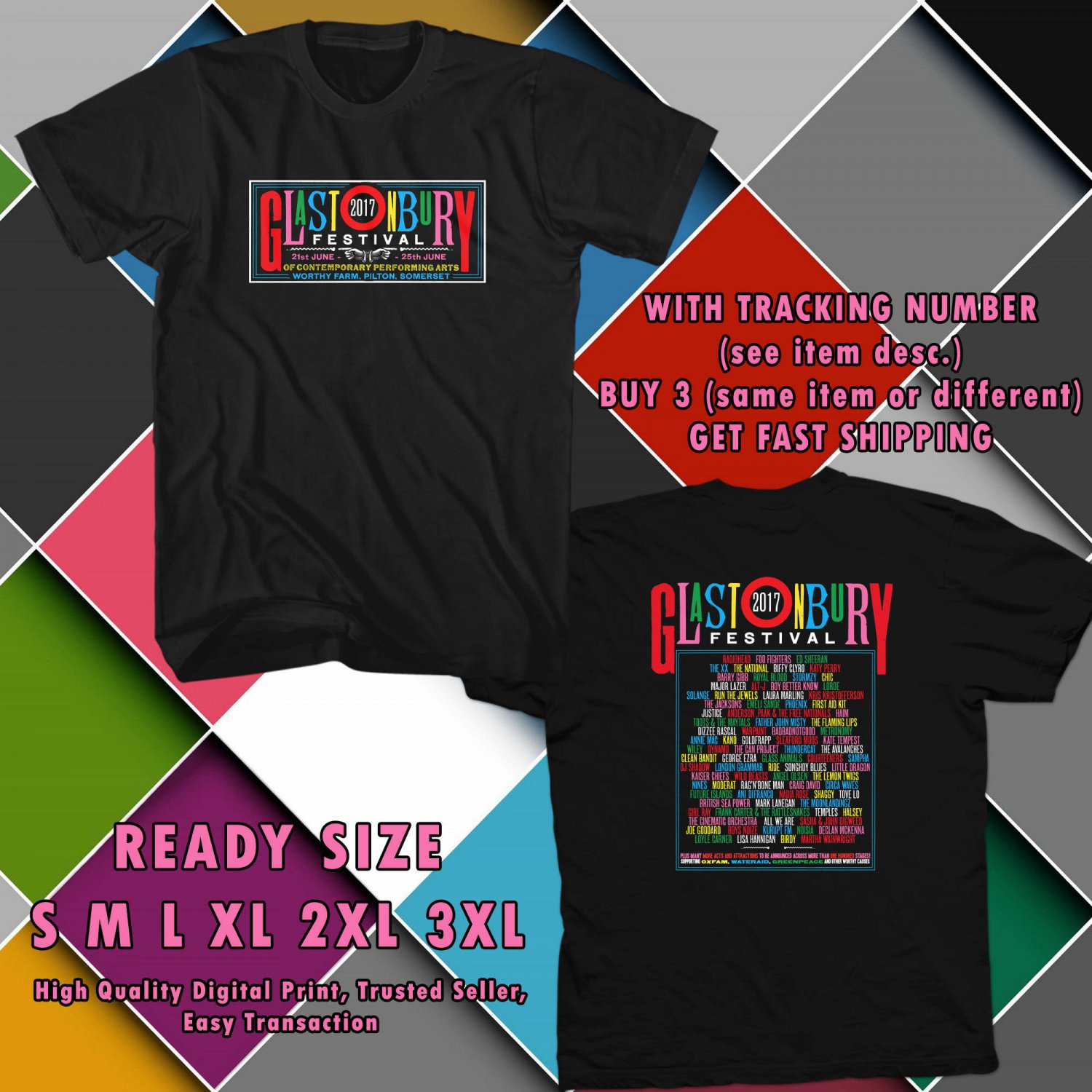 NEW GLASTONBURY FEST 2017 black TEE 2 SIDE DMTR 886