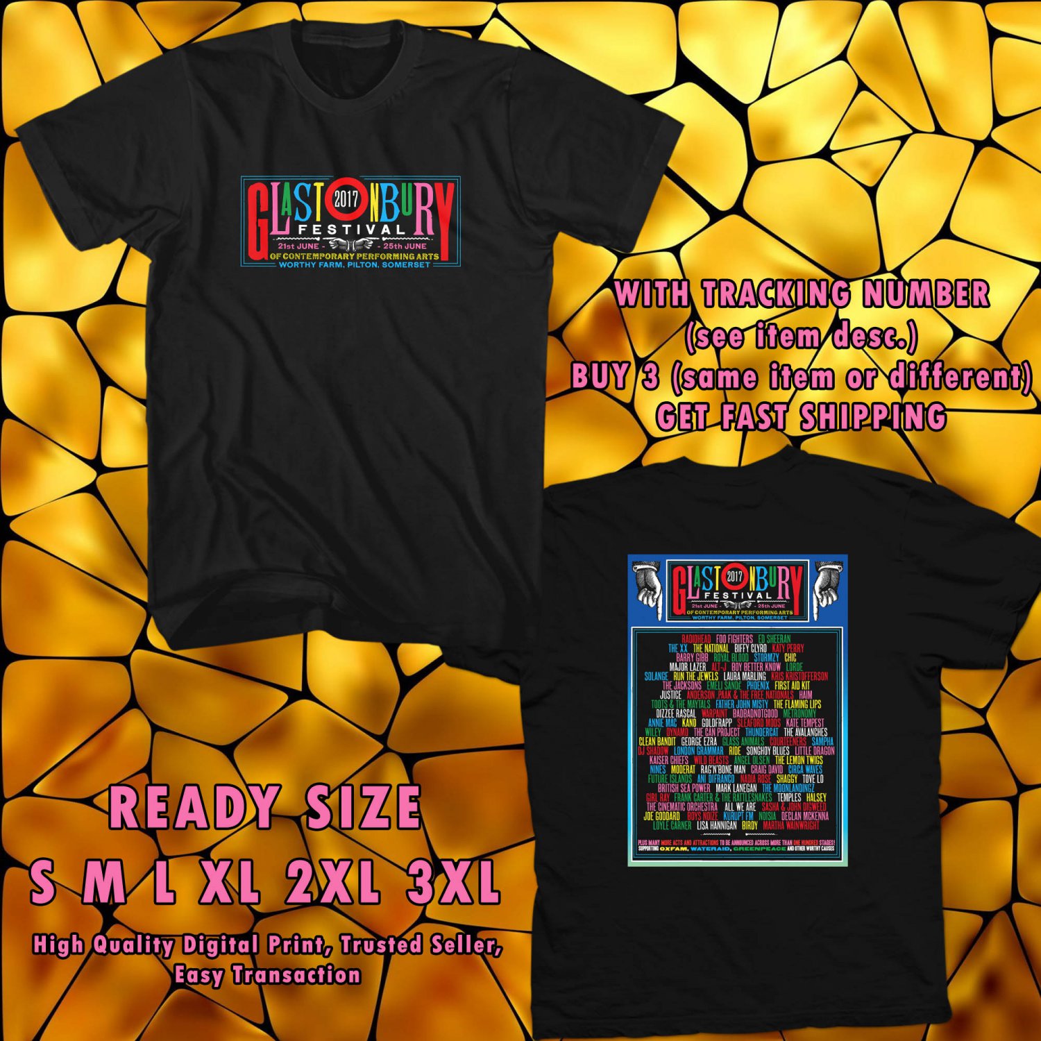 NEW GLASTONBURY FESTIVAL 2017 black TEE 2 SIDE DMTR 443