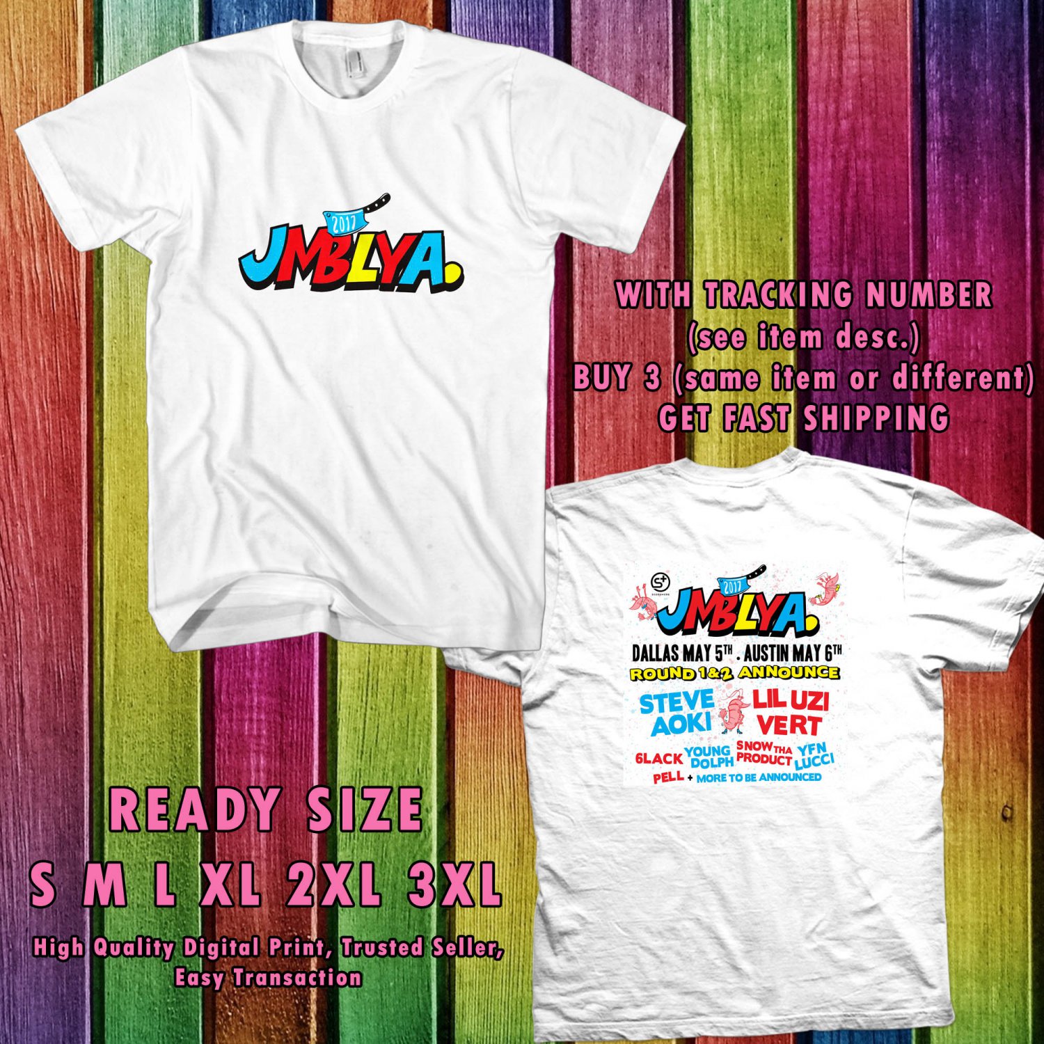 NEW JMBLYA FESTIVAL MAY 2017 WHITE TEE 2 SIDE DMTR