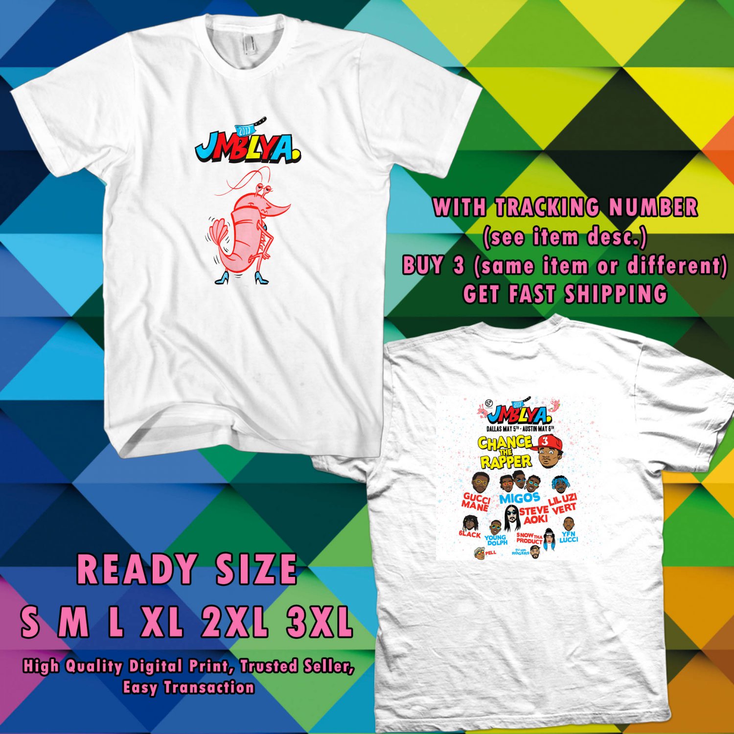 NEW JMBLYA FESTIVAL MAY 2017 WHITE TEE 2 SIDE DMTR 776