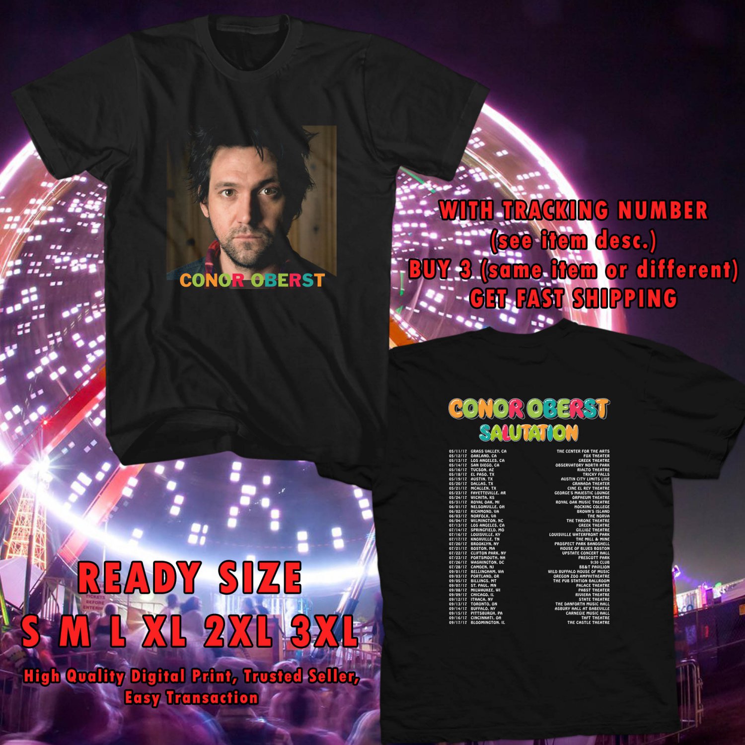 NEW CONOR OBERST SALUTATION ALBUM TOUR 2017 BLACK TEE W DATES DMTR
