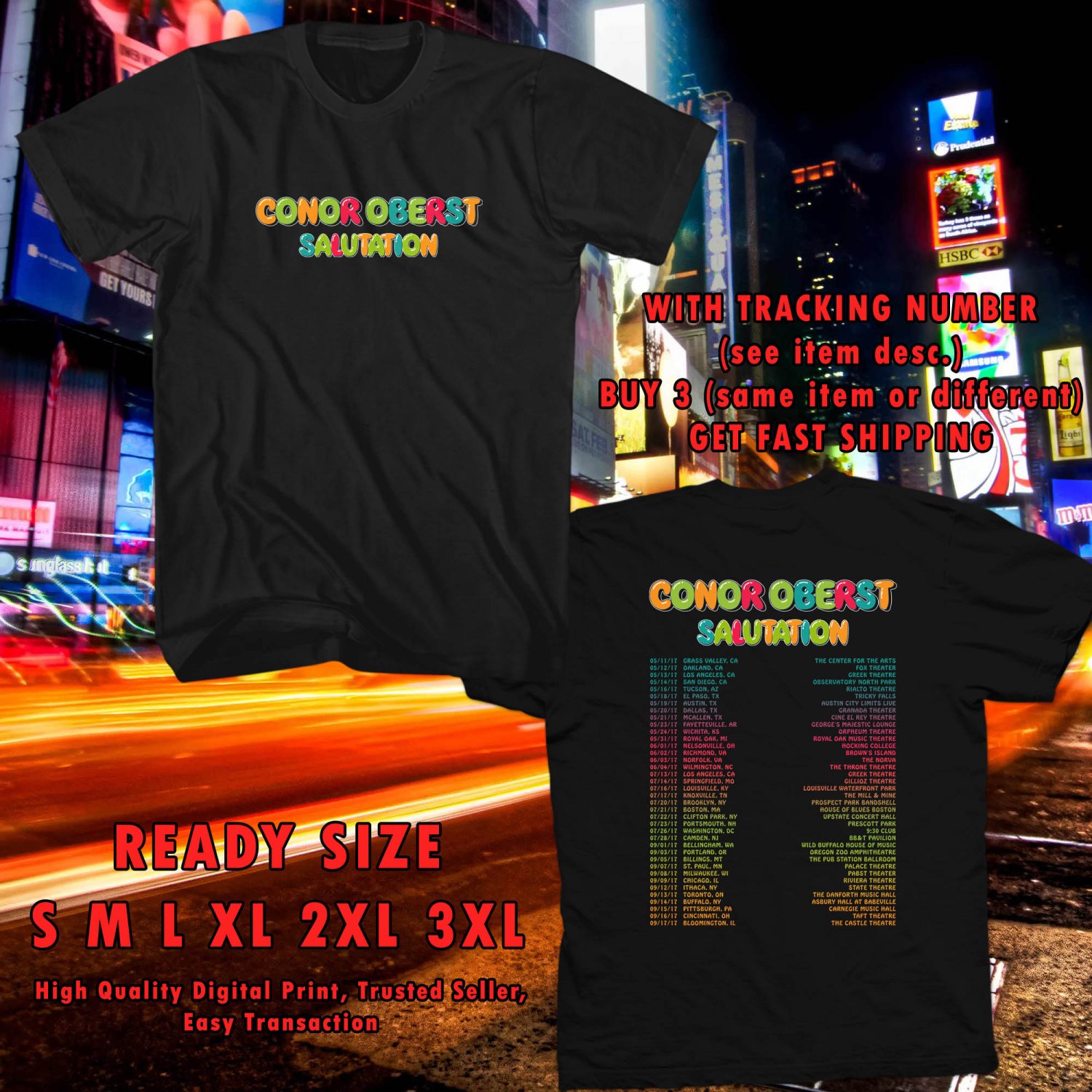 NEW CONOR OBERST SALUTATION FOR TOUR 2017 black TEE W DATES DMTR 776
