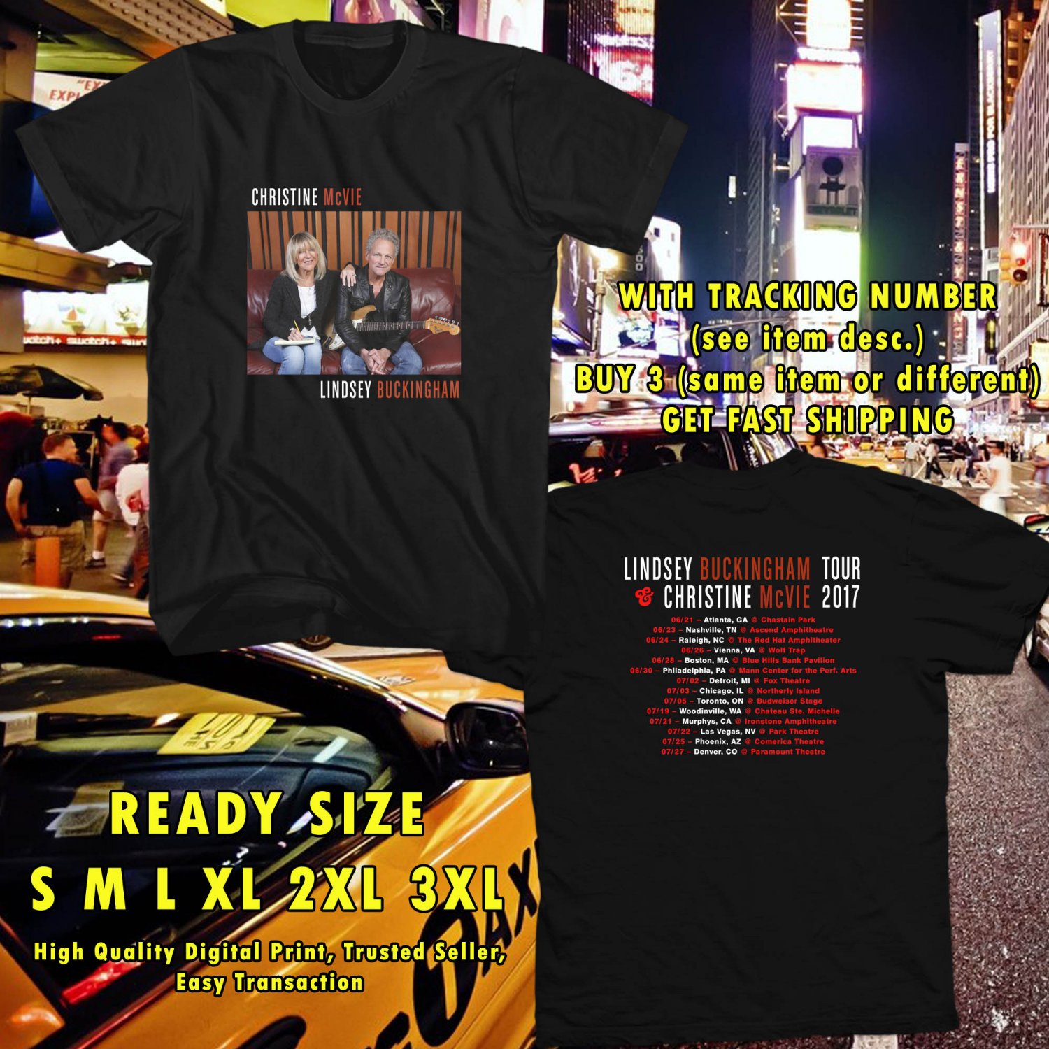 NEW LINDSEY BUCKINGHAM AND CHRISTINE McVIE TOUR 2017 BLACK TEE W DATES DMTR