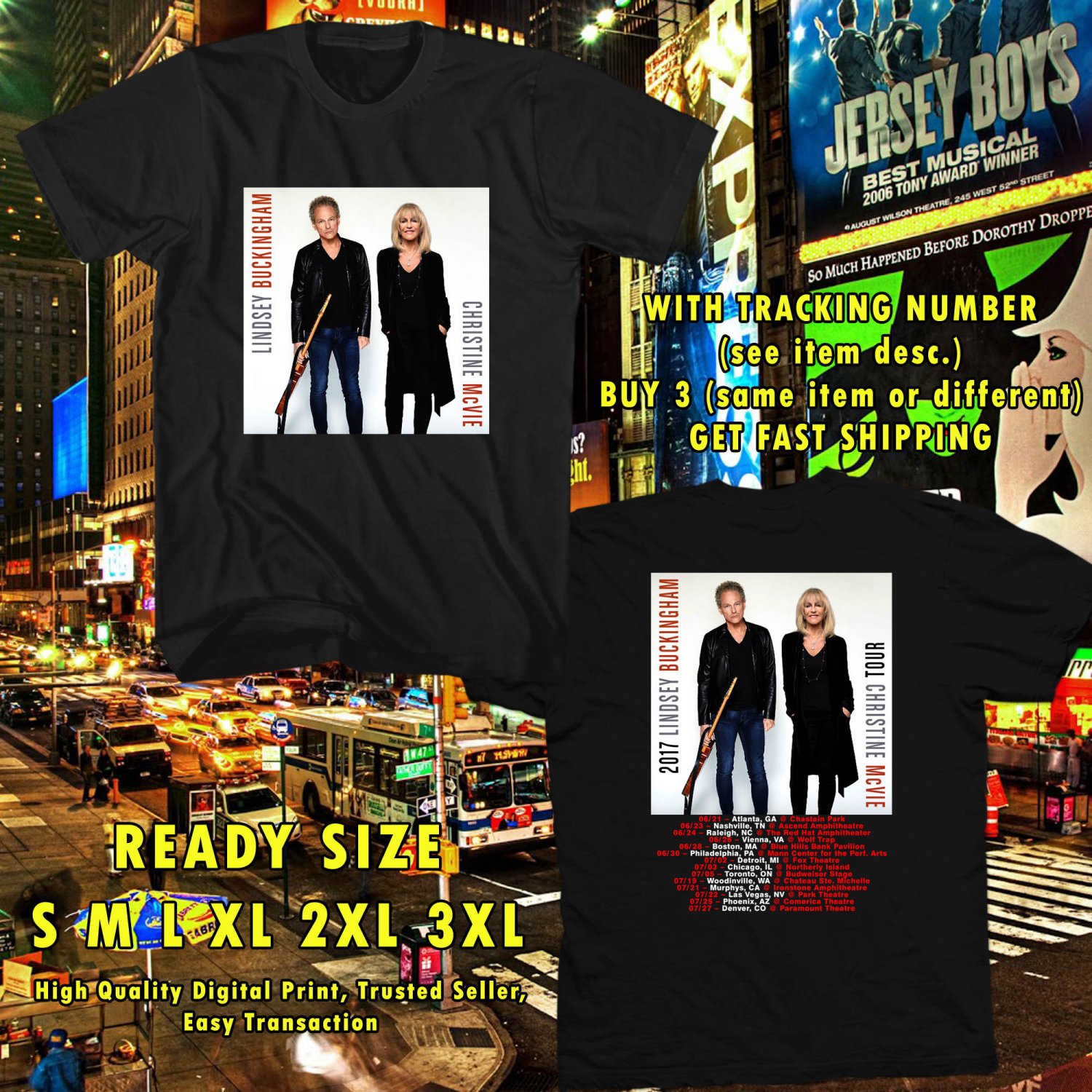 NEW LINDSEY BUCKINGHAM AND CHRISTINE McVIE TOUR 2017 BLACK TEE W DATES DMTR 887