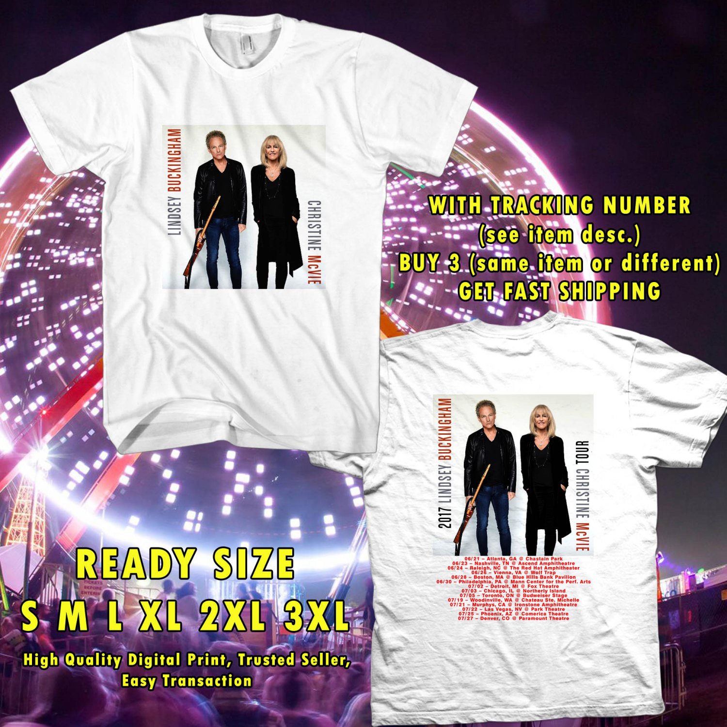 NEW LINDSEY BUCKINGHAM AND CHRISTINE McVIE TOUR 2017 WHITE TEE W DATES DMTR