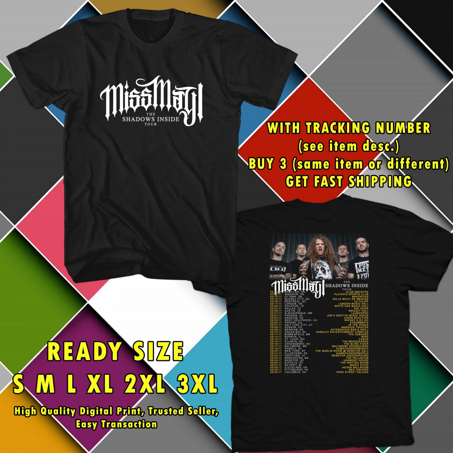 NEW MISS MAY I THE SHADOWS INSIDE TOUR 2017 BLACK TEE W DATES DMTR
