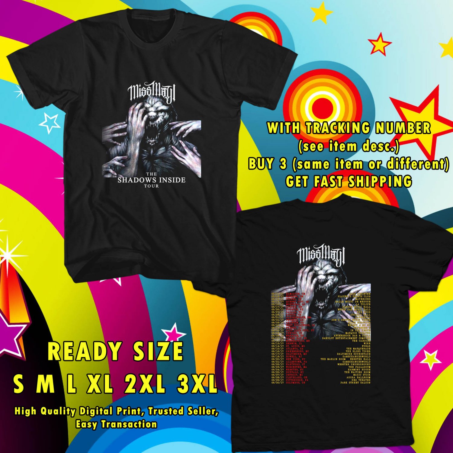 NEW MISS MAY I THE SHADOWS INSIDE TOUR 2017 BLACK TEE W DATES DMTR 544