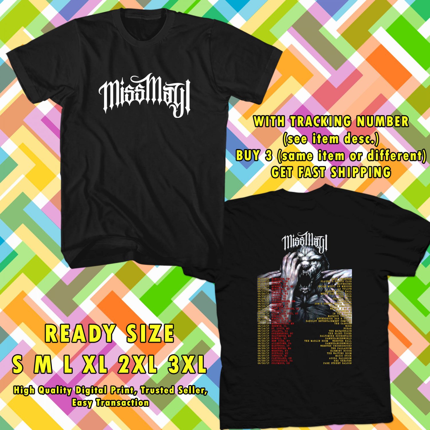 NEW MISS MAY I THE SHADOWS INSIDE TOUR 2017 BLACK TEE W DATES DMTR 776
