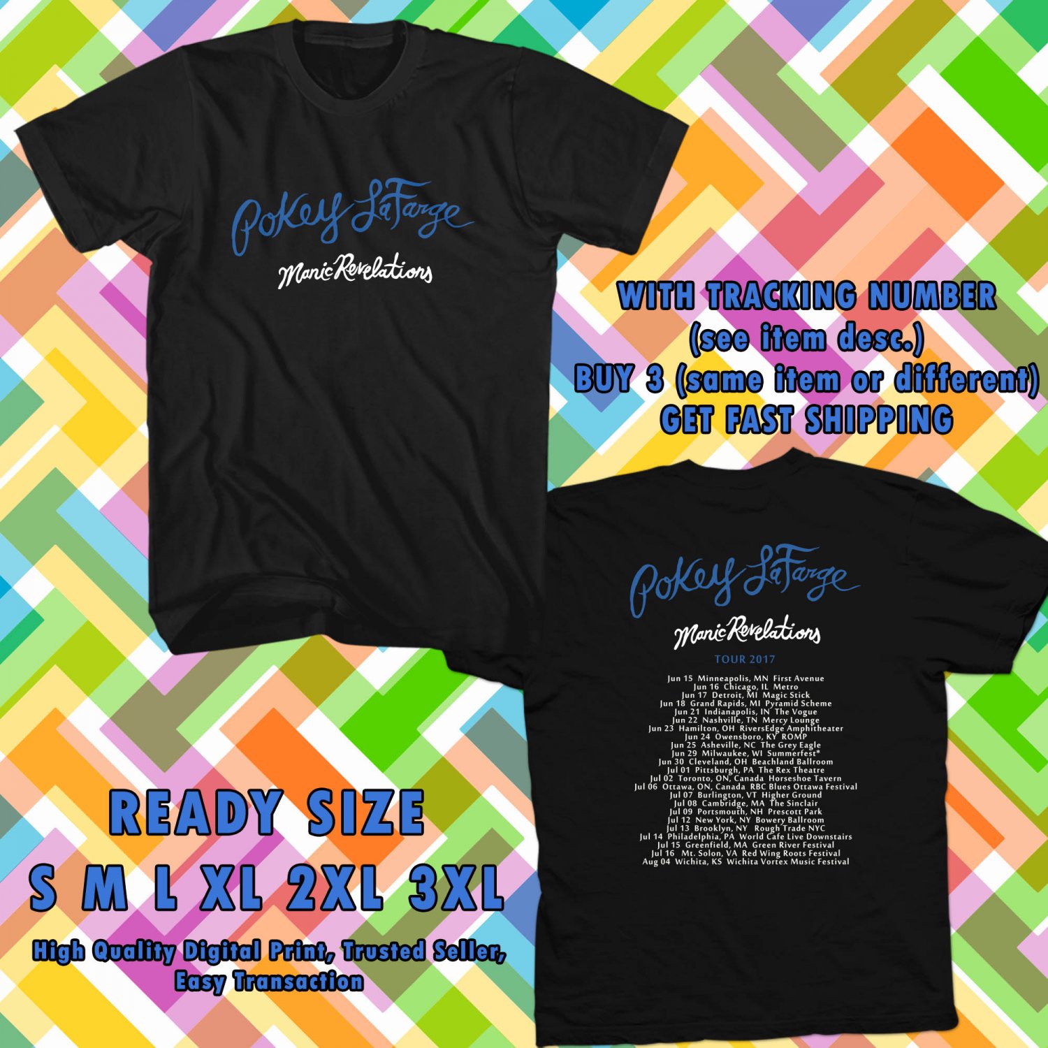 NEW POKEY LA FARGE MANIC REVELATIONS TOUR 2017 BLACK TEE W DATES DMTR
