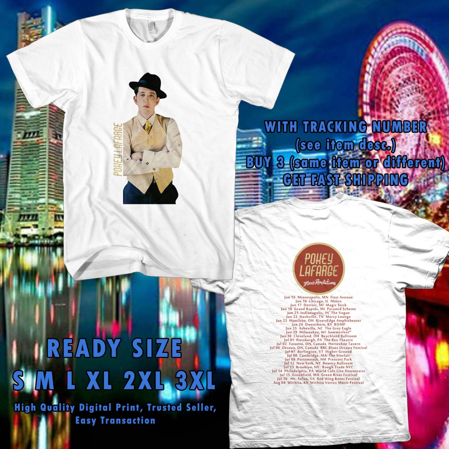 NEW POKEY LA FARGE MANIC REVELATIONS TOUR 2017 WHITE TEE W DATES DMTR