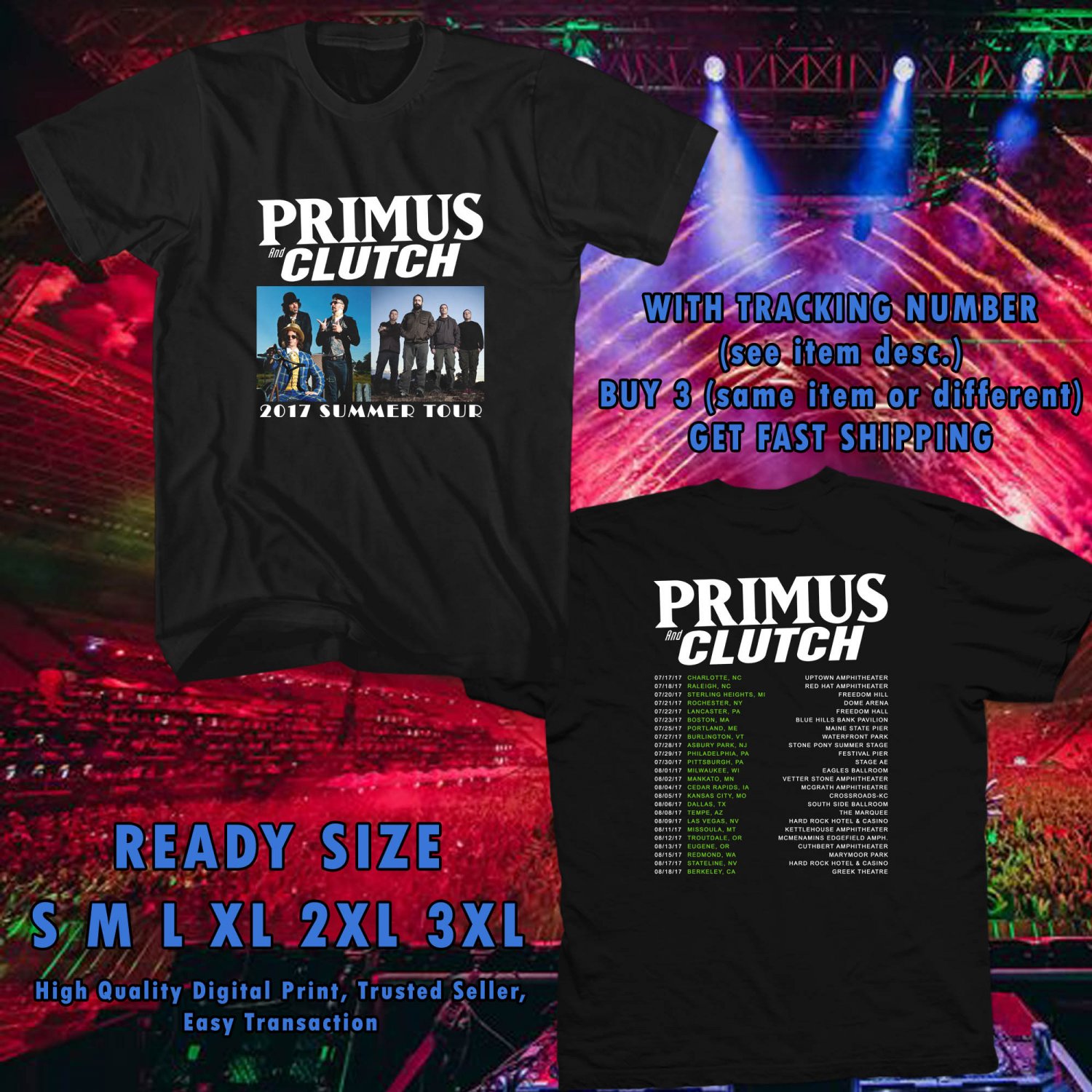 NEW AN EVENING WITH PRIMUS AND CLUTCH SUMMER TOUR 2017 black TEE W DATES DMTR