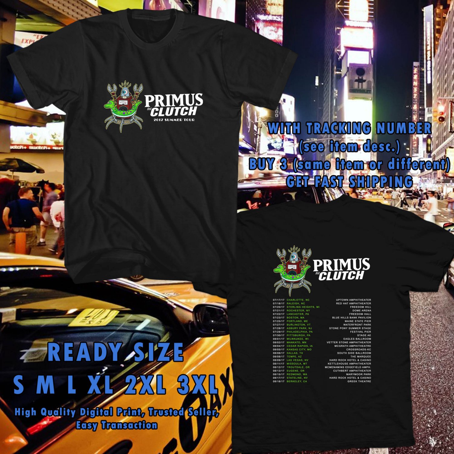 NEW AN EVENING WITH PRIMUS AND CLUTCH SUMMER TOUR 2017 black TEE W DATES DMTR 487