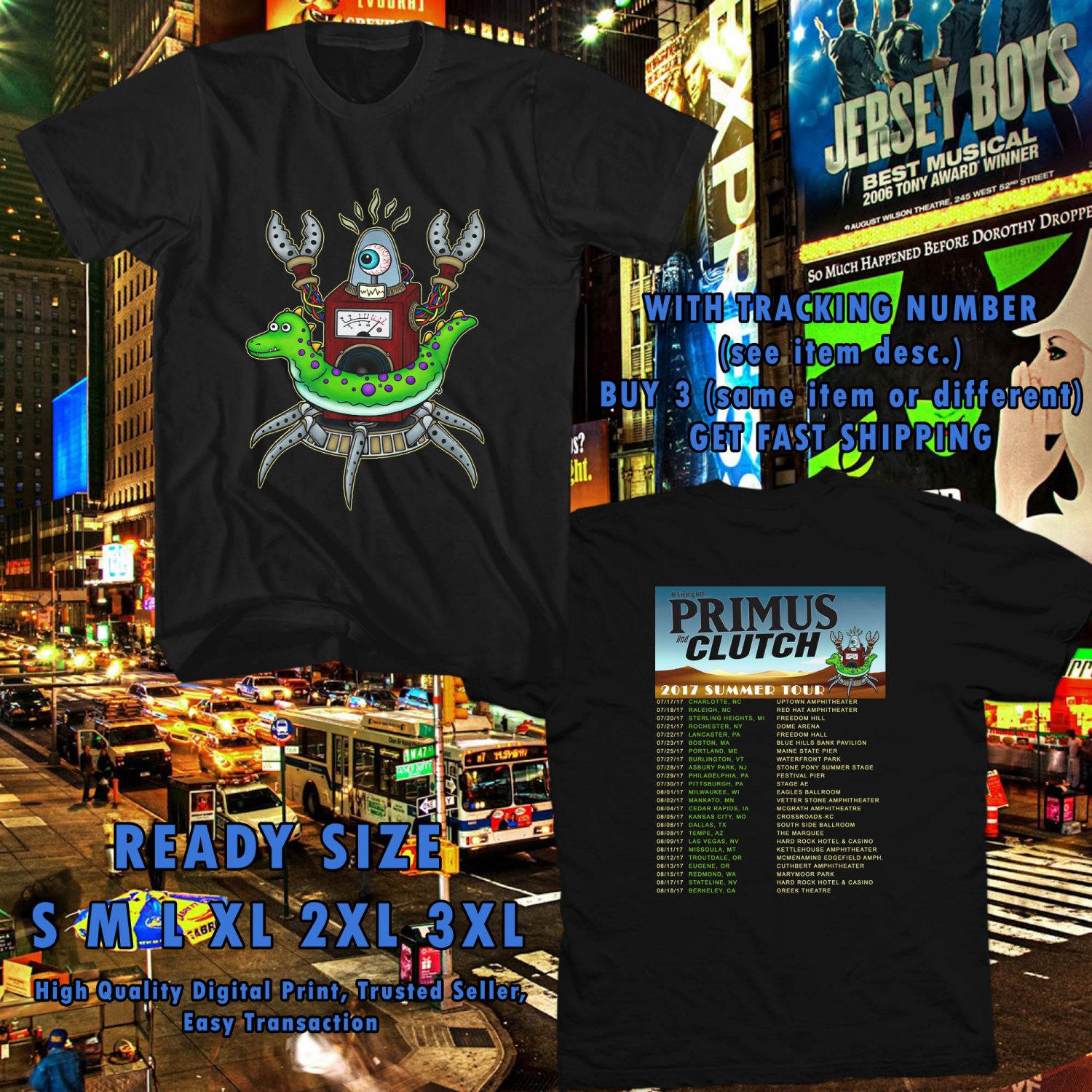 NEW AN EVENING WITH PRIMUS AND CLUTCH SUMMER TOUR 2017 black TEE W DATES DMTR 225