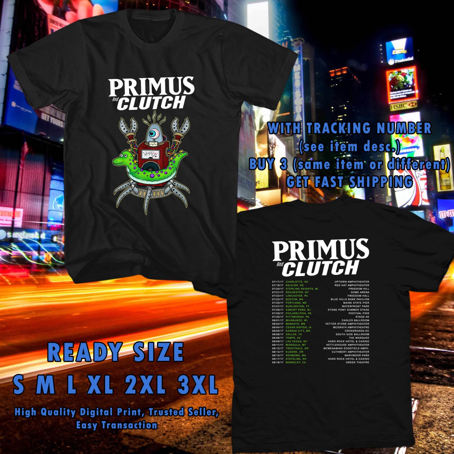 NEW AN EVENING WITH PRIMUS AND CLUTCH SUMMER TOUR 2017 black TEE W DATES DMTR 112