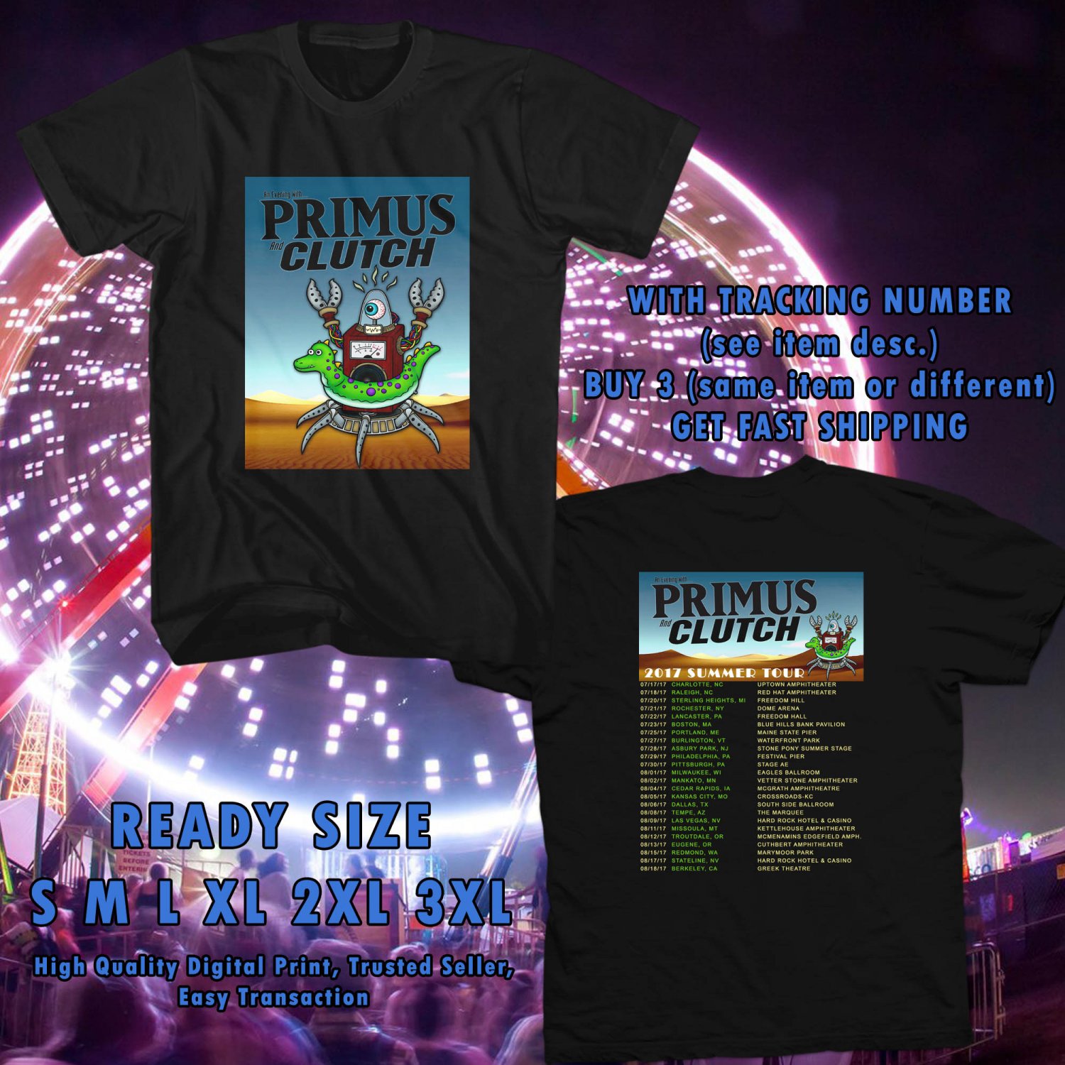 NEW AN EVENING WITH PRIMUS AND CLUTCH SUMMER TOUR 2017 black TEE W DATES DMTR 332