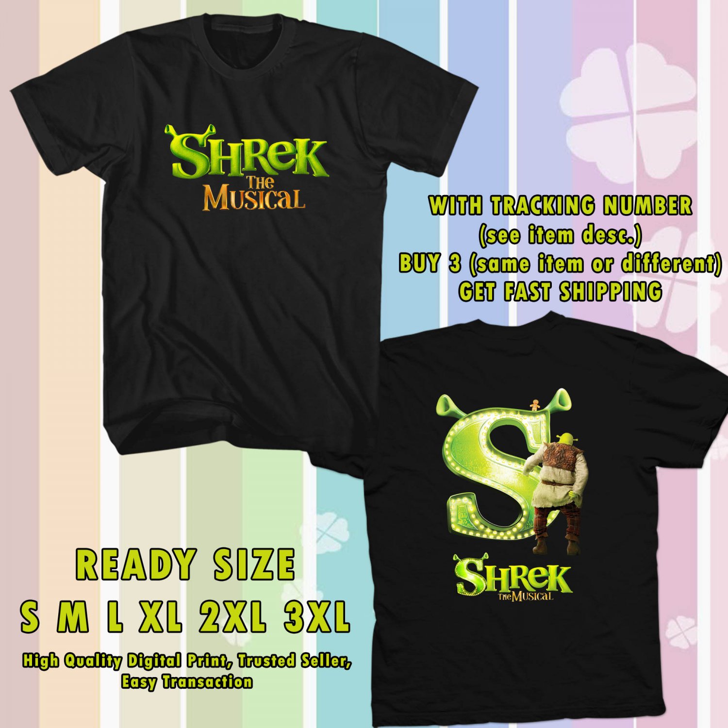 NEW SHREK THE MUSICAL TOUR 2017 BLACK TEE 2 SIDE DMTR