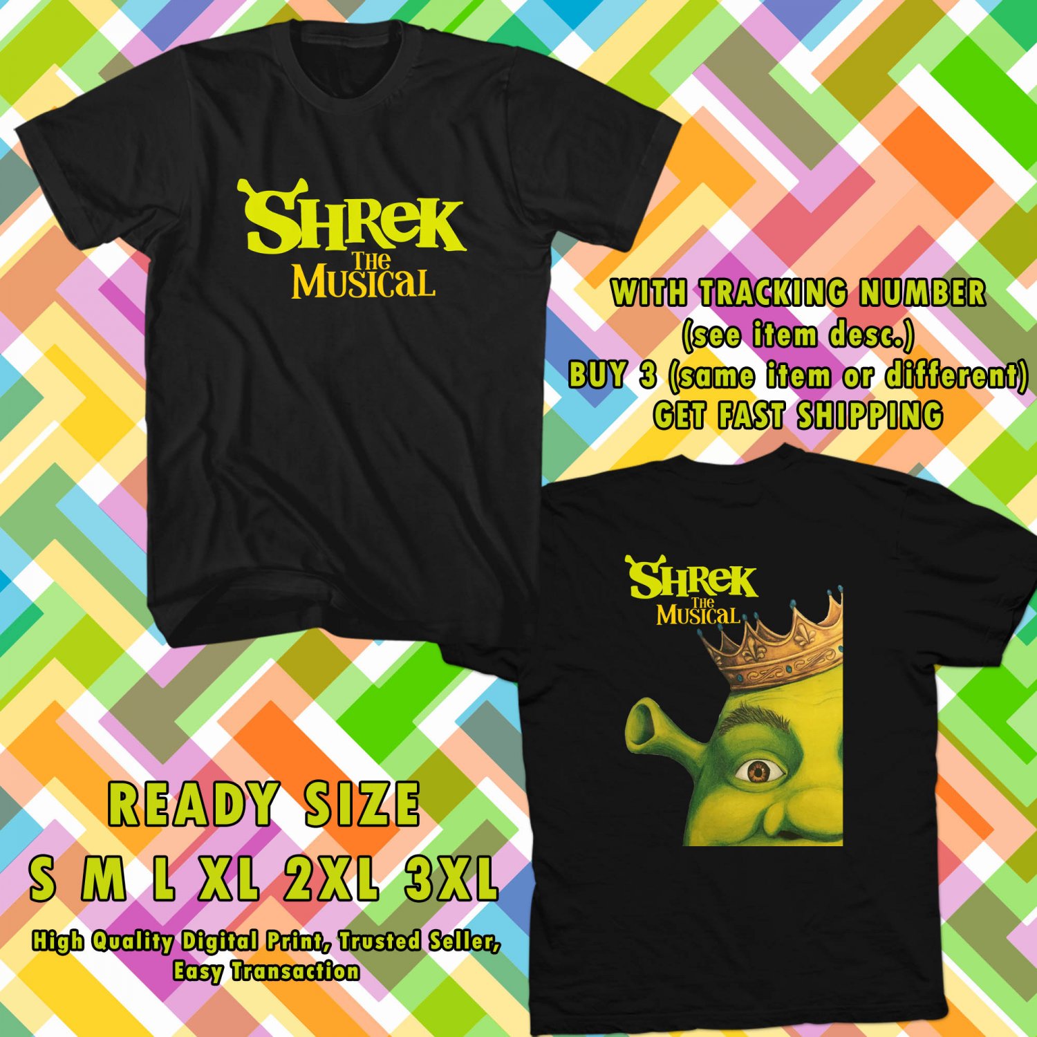 NEW SHREK THE MUSICAL TOUR 2017 BLACK TEE 2 SIDE DMTR 657