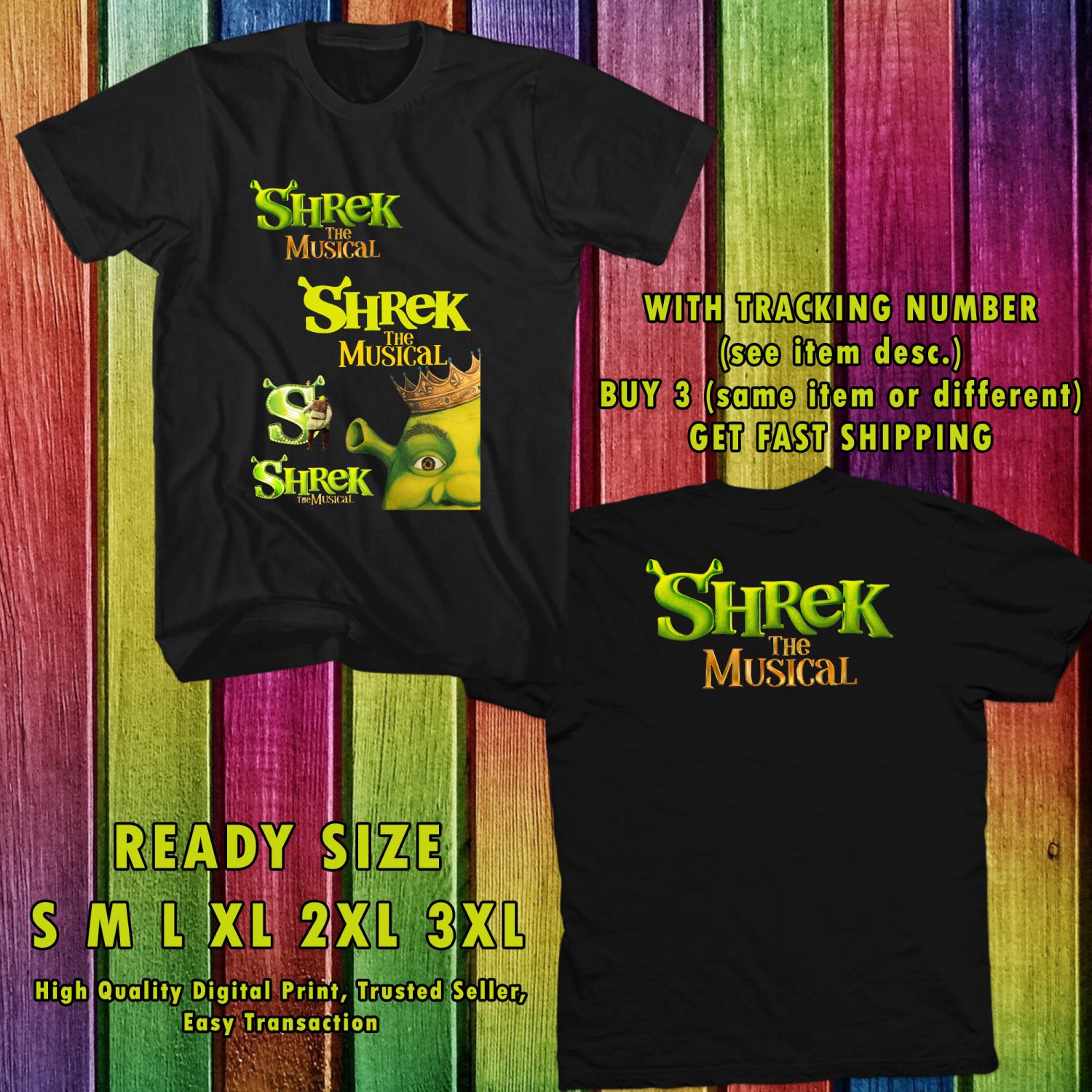 NEW SHREK THE MUSICAL TOUR 2017 BLACK TEE 2 SIDE DMTR 221