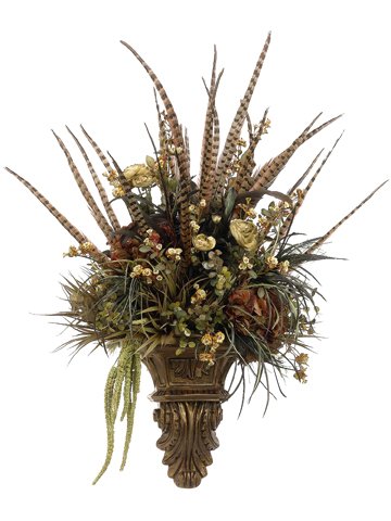 Elegant Brown Green Feather Hydrangea In Resin Wall Scone