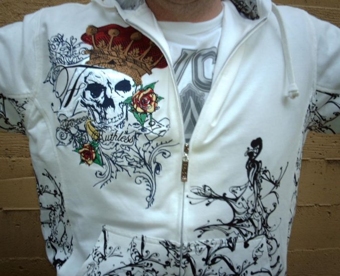 White The Next Movement Hoodie "Forever Ruthless" + Free Ed Hardy Poster