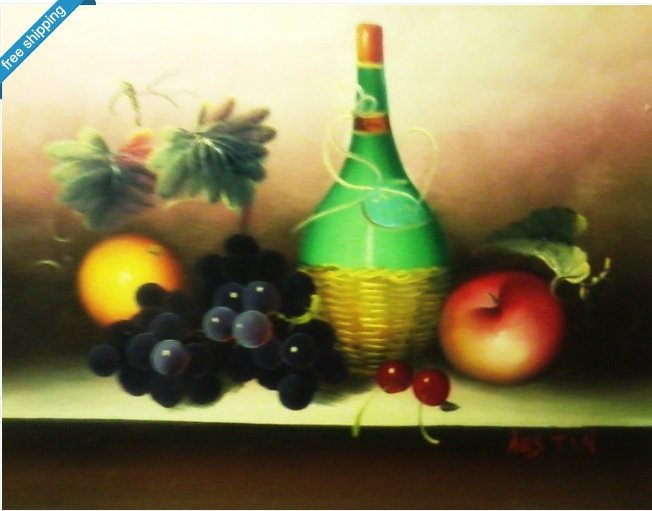OIL PAINTING ON CANVAS - BOTTLE OF WINE & FRUIT