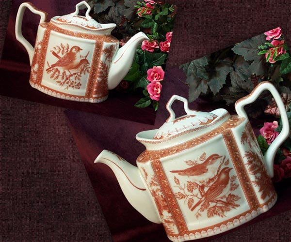 Teapot Red Toile Bird