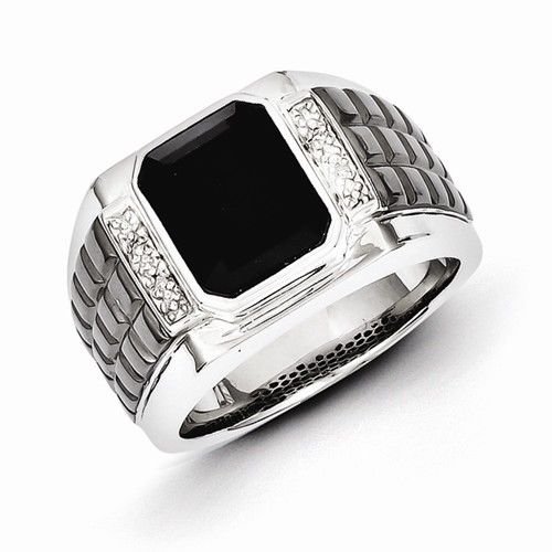 STERLING SILVER ONYX & DIAMOND MEN'S RING - 15 GRAMS SIZE 10