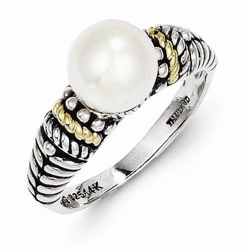 ANTIQUED STERLING SILVER & 14K GOLD 8mm FRESHWATER PEARL RING - SIZE 6