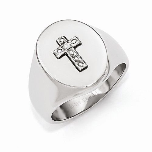 MEN'S POLISHED STAINLESS STEEL CZ CROSS SIGNET RING - SIZE 10 - 12.5 GRAMS
