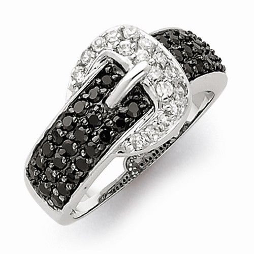 STERLING SILVER BLACK & WHITE/CLEAR CZ BUCKLE RING - 5 GRAMS - SIZE 7