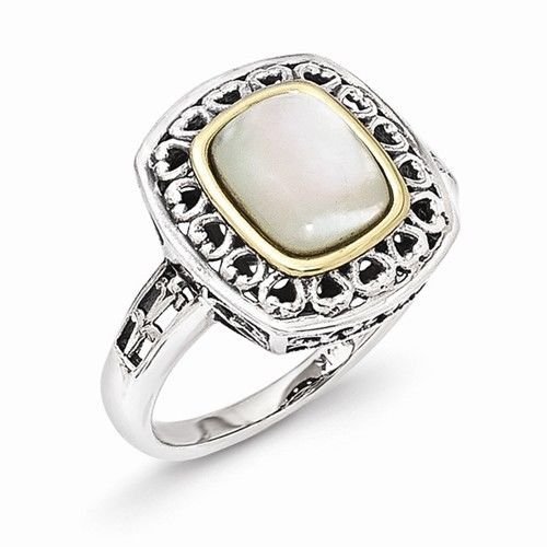 ANTIQUED STERLING SILVER & 14K GOLD MOP/MOTHER OF PEARL RING - SIZE 7