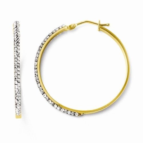 14K GOLD SWAROVSKI CRYSTAL MEDIUM HOOP EARRINGS / HOOPS ITALY 2.2 grams 2x33mm