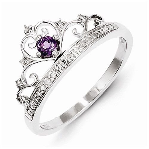 STERLING SILVER NATURAL GENUINE AMETHYST & DIAMOND CROWN RING - SIZE 9