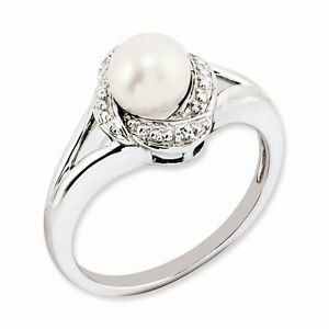 STERLING SILVER DIAMOND AND FRESHWATER CULTURED PEARL RING- SIZE 5