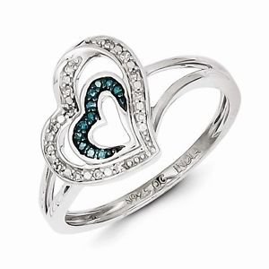 STERLING SILVER .08CT BLUE AND WHITE DIAMOND DOUBLE HEART RING - SIZE 6