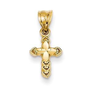 14K YELLOW GOLD TINY DIAMOND-CUT HEART BUDDED CROSS CHARM / PENDANT - 0.7 INCH